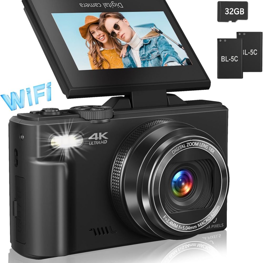Digital Camera for Photography, 4K Vlogging Camera for YouTube 3" 180° Flip Screen 18X Digital Zoom Compact Retro Cameras with 32GB TF Card & 2 Batteries, Black