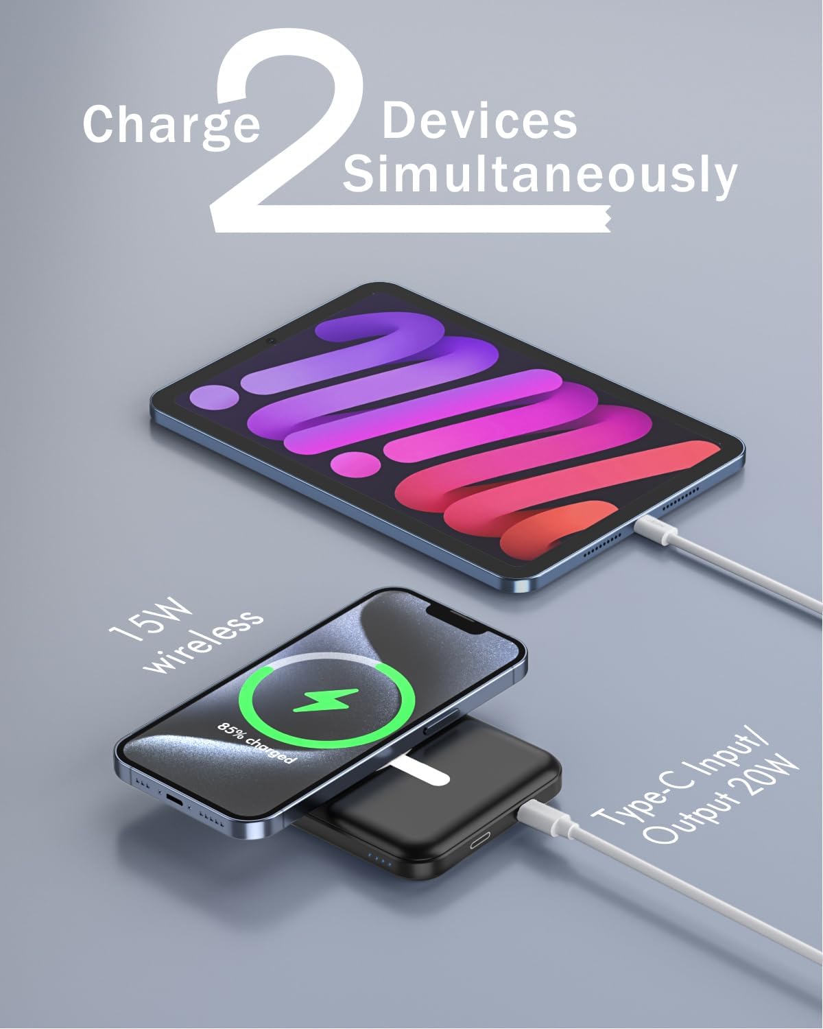 podoru for Magsafe Battery Pack, 5000mAh Magnetic Power Bank with Type-C Cable 20W PD Fast Charging Lighting Input Wireless Portable Charger for iPhone 16/15/14/13/12/ All Series-Black - Image 6