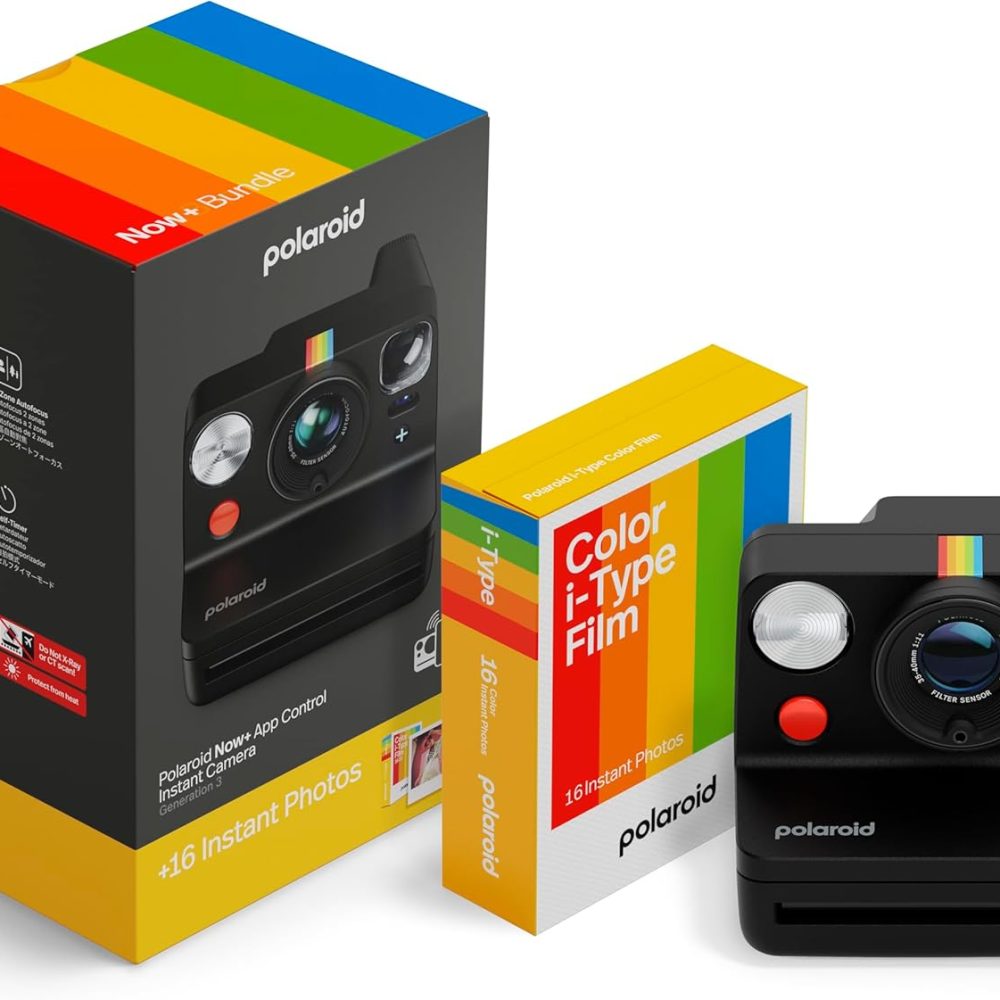 Now+ 3rd Generation I-Type Instant Camera + Film Bundle - Now+ Bluetooth App Controlled Black Camera + 16 Color Photos (6562)