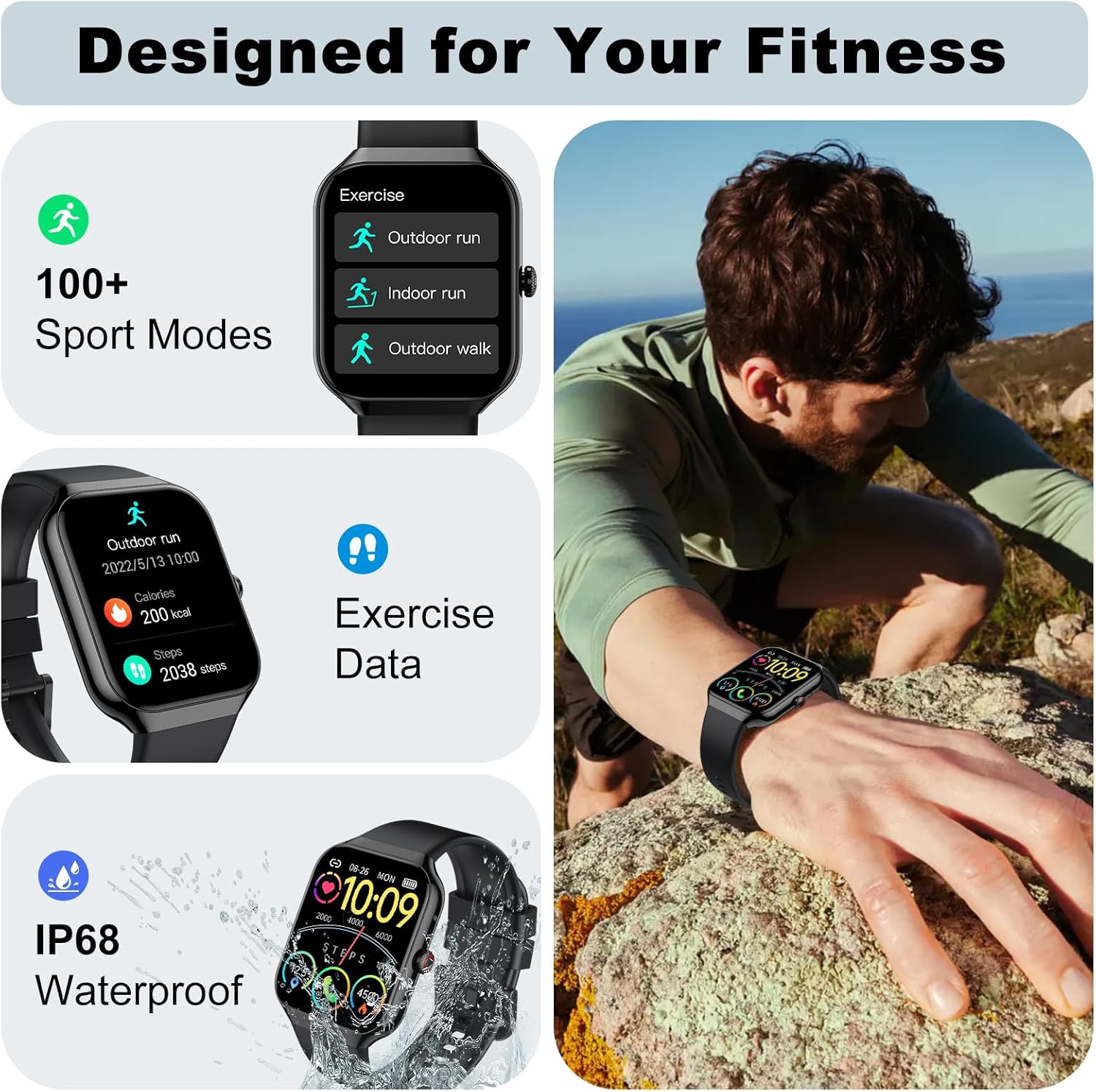 Smart Watch, 1.96" HD SmartWatch for Men Women Touch Screen Answer/Make Call, 100+ Sport Fitness Tracker IP68 Waterproof, Activity Tracker with Heart Rate SpO2/Sleep Monitor/Pedometer for Android iOS - Image 4